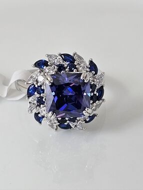 Blue Spinel, Tanzanite & Diamond Simulant Ring Sterling Silver Size 8! New